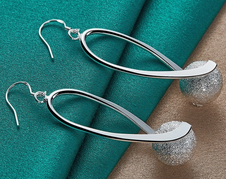 Silver Frosted Bead Round Ball Drop Earrings For Woman [Low stock]