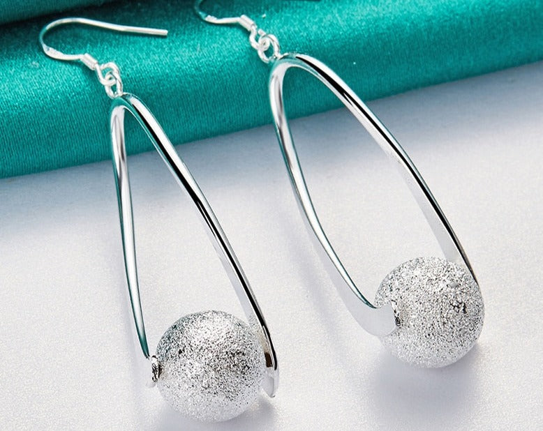 Silver Frosted Bead Round Ball Drop Earrings For Woman [Low stock]